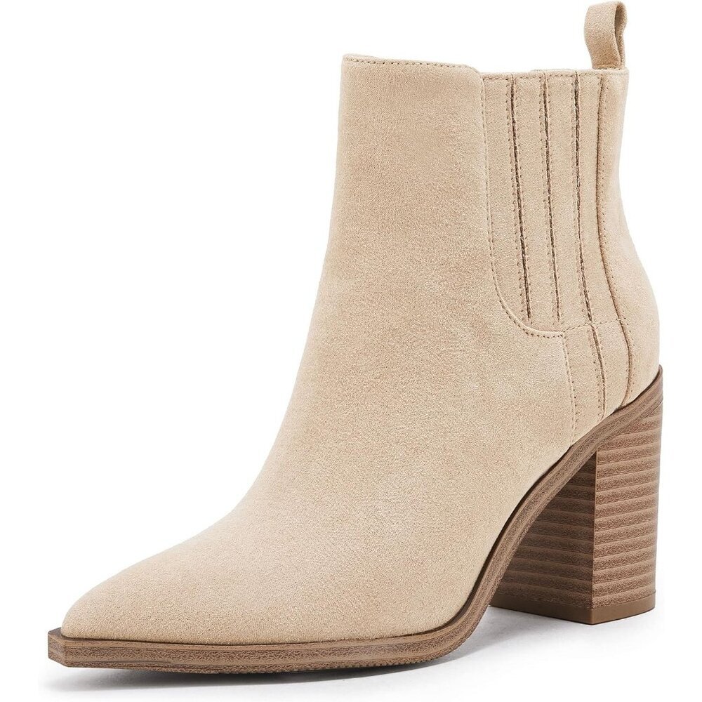 Womens Cream Faux Leather Slip on Pointed Toe Chunky Block Mid Heel Booties